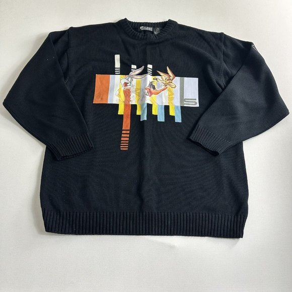 Studio By Southpole 90s XL Black Sweater Looney Tunes Bugs Wile E Coyote Hip Hop - Picture 1 of 10